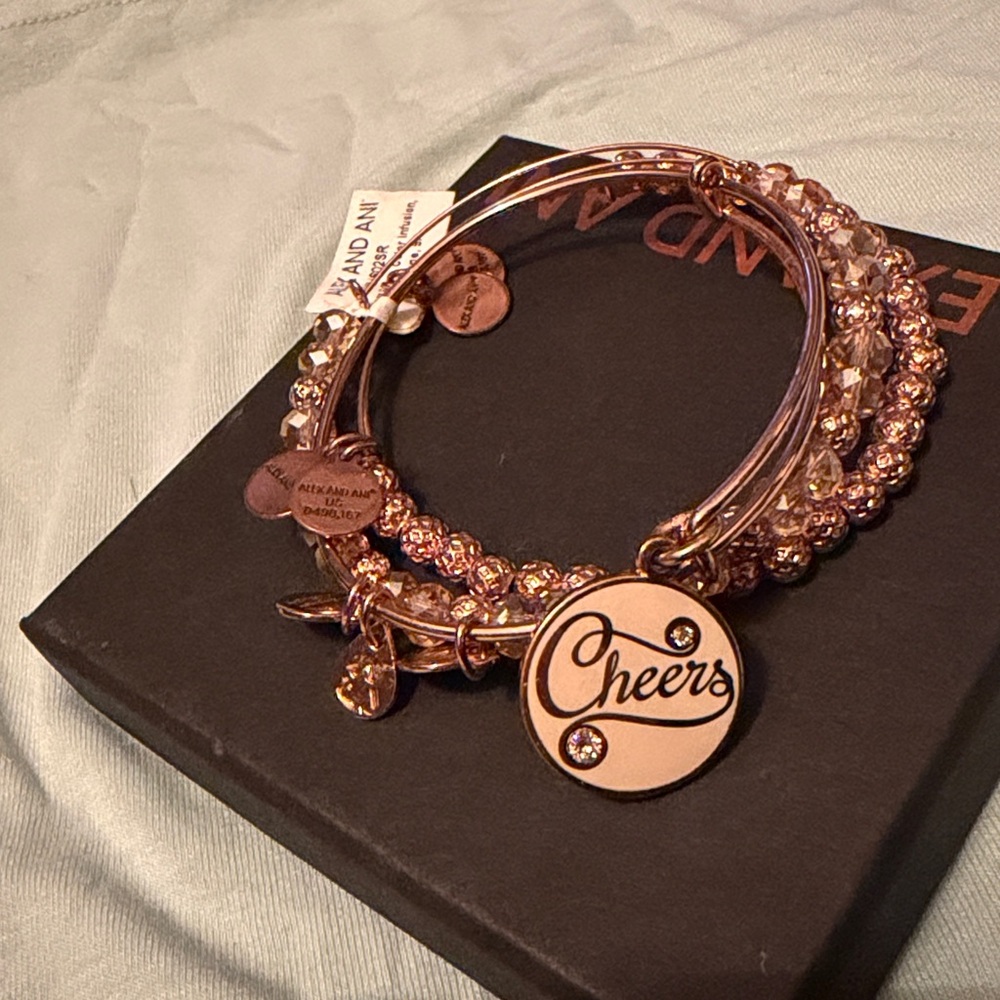 NEW SET Alex and Ani Cheers Charm Bracelet Rose Gold GIFT BOX CHAMPAGNE BEAD NWT - Picture 12 of 12